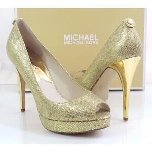 Michael Kors York Evening Platform Open Toe Pumps Heels Gold Glitter Size 10